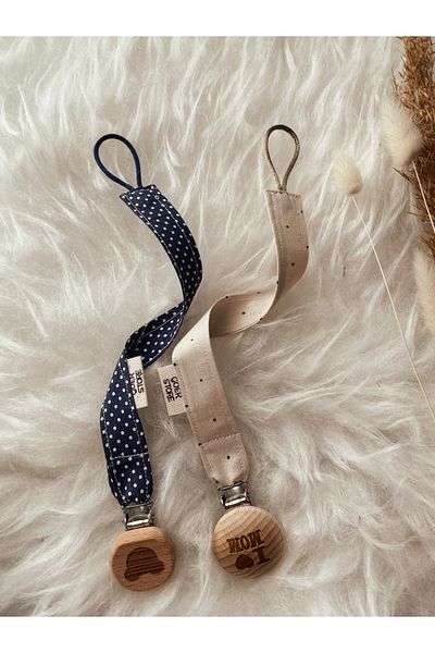 GOER STORE Mom-mickey Natural Wooden Detailed Polka Dot 100% Cotton Pacifier Strap Set