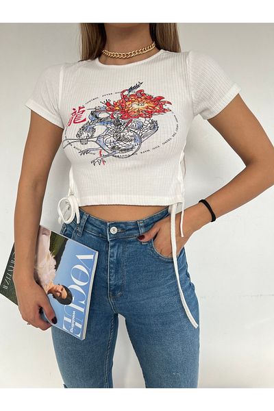 Jose Clothing Γυναικείο Crop Top με λεπτομέρεια με κοντό μανίκι με εμπριμέ White Dragon