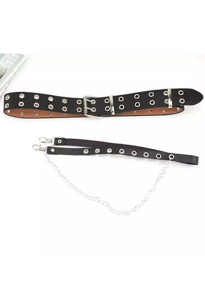 Köstebek Gothic Punk Eyelet Detailed Triple Black Leather Belt with Chain