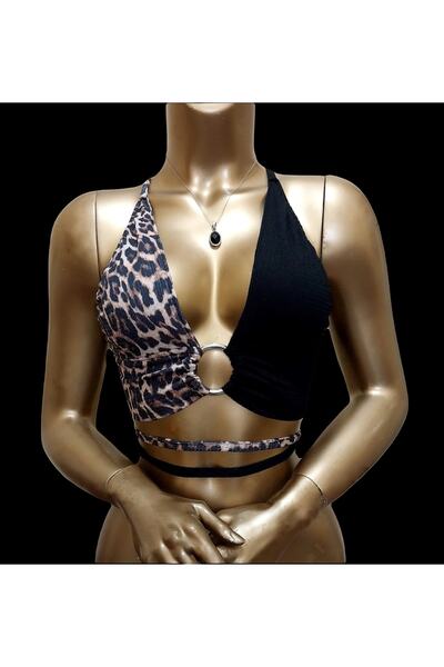quella atelier Siyah Leoparlı Göğüs Dekolteli Crop