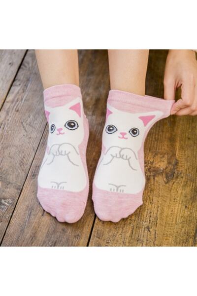 çorapmanya 5 Pairs of Cute Cat Patterned Multicolored Women's Booties Socks