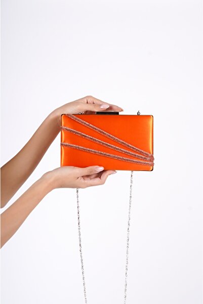 BAKGİY حقيبة سهرة نسائية من الساتان البرتقالي بحجر عادي Bg1123-310-0004
