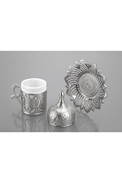 BUSEM Ahsen Kapaklı Lale Desenli Türk Kahve Fincanı 4 Parça Gümüş Renkli