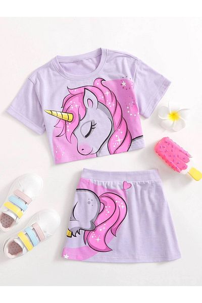 Machetta Kids Unicorn Unicorn Printed Skirt-tshirt Girl's Summer Set