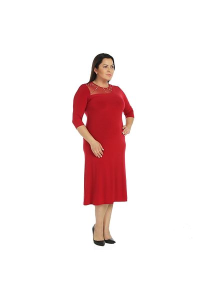 Nidya Moda Women's Red Stone Embroidered Tulle Combination Evening Dress 4089K
