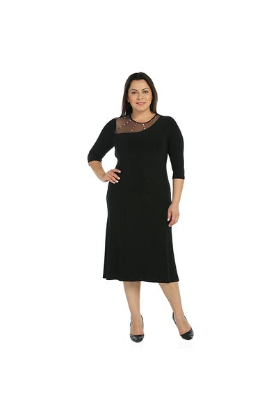Nidya Moda Women's Black Stone Embroidered Tulle Combination Evening Dress 4089S
