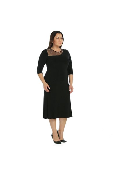 Nidya Moda Women's Black Stone Embroidered Tulle Combination Evening Dress 4089S