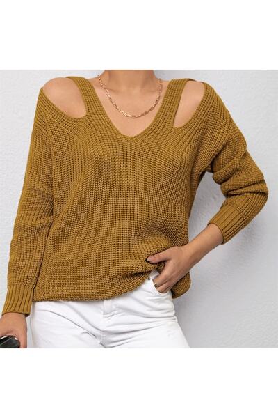 AQE FASHION V-Neck Strap Off-the-Shoulder Thessaloniki Knit Mustard Color Knitwear Tunic Sweater