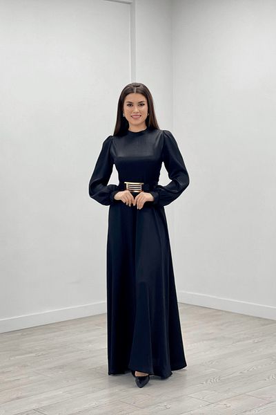 giyimmasalı Satin Fabric Belt Detailed Evening Dress - Black