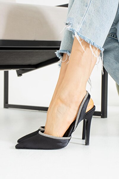 MissPapatya Pantofi cu toc pentru femei Sais din satin negru cu detaliu de pi...