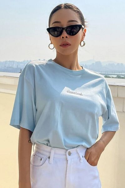 MODAGEN Tricou oversize unisex albastru cu imprimeu clasic