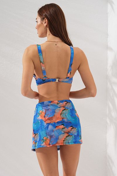 Pierre Cardin Set de bikini cu fustă mini cu fantă cu model Fra Batik albastru, 3 piese, cu suporturi triunghiulare