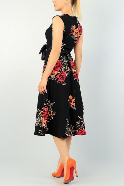 lovebox Floral Patterned Double Breasted Collar - Flexible Leather Flared Midi Evening Dress & Homecoming Dress 71724