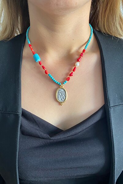 Suerte Accessories Turkuaz Ve Mercan Doğaltaş Madalyon Uçlu El Yapımı Özel Ta...