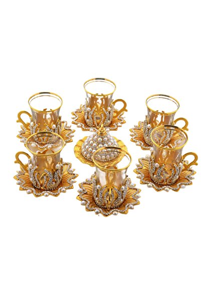 BUSEM Ahsen Kristal Taşlı Incili 6 Kişilik 20 Parça Çay Bardağı Seti