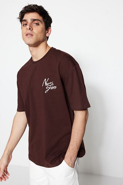 Trendyol Collection Καφέ Oversize εμπριμέ βαμβακερό μπλουζάκι - TMNSS20TS1099