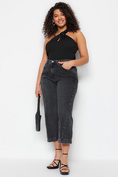 Trendyol Curve Γκρι ραφές ψηλής μέσης Λεπτομερές τζιν Culotte Fit TBBSS23CJ00015