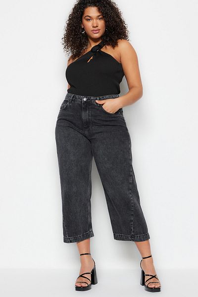 Trendyol Curve Γκρι ραφές ψηλής μέσης Λεπτομερές τζιν Culotte Fit TBBSS23CJ00015