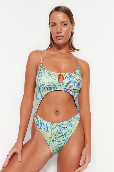 Trendyol Collection Shawl Patterned High Leg Swimsuit with Round Collar Accessories TBESS23MA00065