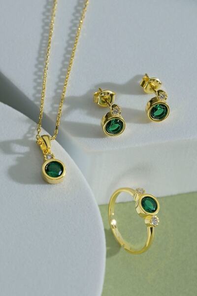 Gümüş Çadırım Yuvarlak Kesim Yeşil Taşlı Altın Kaplama 925 Ayar Gümüş Kolye K...