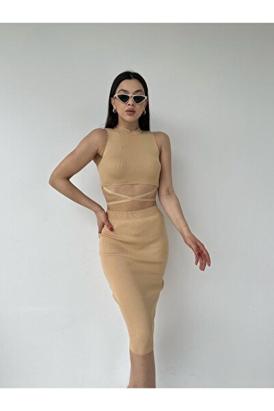 REELMODA Jumătate de gât țesut - Set de tricotaje pentru femei cu fustă peste...