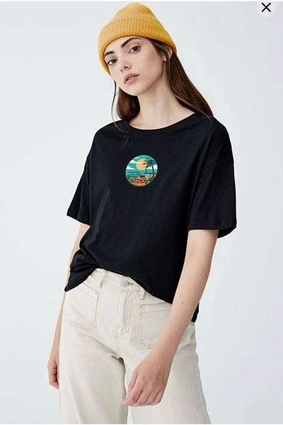 Josette Μπλουζάκι Unisex Black Beach Printed Crew Neck Oversize