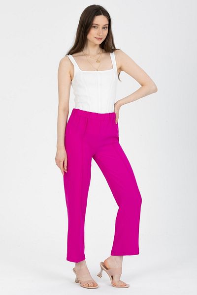 MD trend Pantaloni de damă din țesătură fucsia cu talie elastică, cu cusături în față