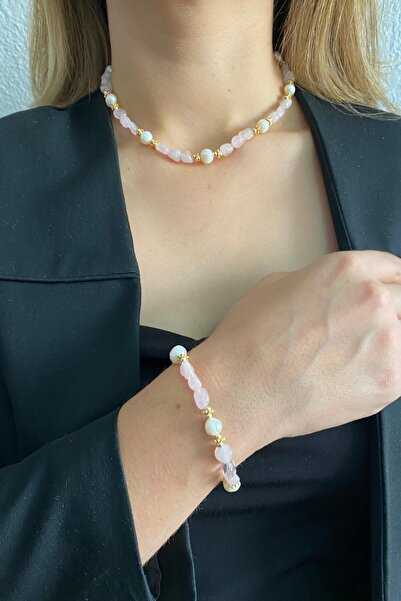 Suerte Accessories Tımbıl Pink Quartz Natural Stone Mayorka Pearl Handmade Special Design Necklace and Bracelet Combination