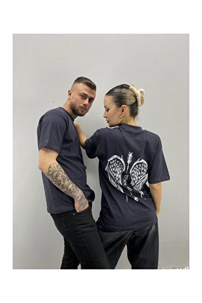 Benisengiydir Unisex Tshirt Anthracite Angel Wing Printed Lover Couple Συνδυασμός Σετ 2 τεμαχίων