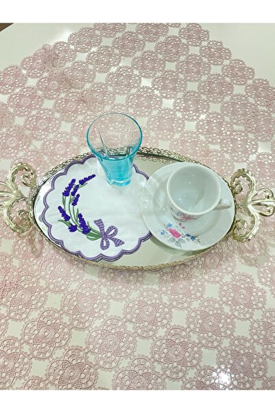 AYNAKIŞÇEYİZ Σετ με 6 λεβάντα με μοτίβο κέντημα λινό καφέ παρουσίασης