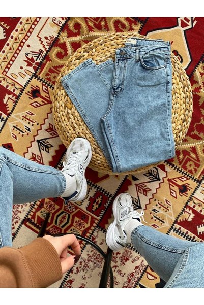 LİMABEL Blue Mom Jeans Lycra High Waist Blue Snow Washed Mom Jeans