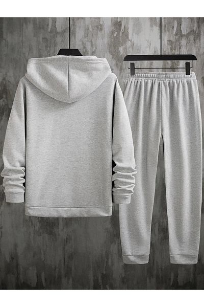 MODARİCH Men's Gray Panda Logo Bottom Top Tracksuit Set Oversize Hooded
