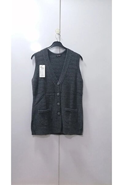 NUR TEKSTİL Kadın Gri Büyük Beden Triko Önden Düğmeli Cepli Yelek