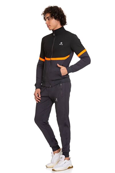 FEROBİ Erkek Fermuarlı Likralı Diz Yapmayan Dalgıç Siyah Füme Eşofman Takımı