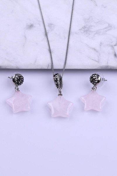 Alibaba Doğaltaş Pink Quartz Natural Stone Necklace - Earrings Set of 2