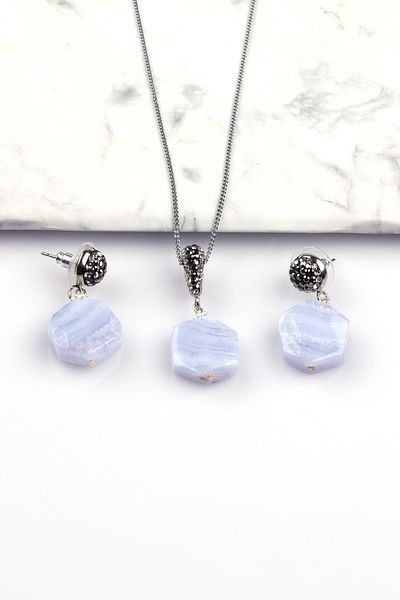Alibaba Doğaltaş Blue Chalcedony Natural Stone Necklace - Earrings Set of 2