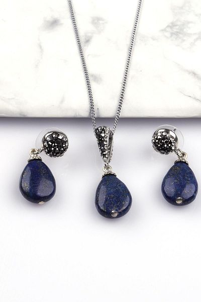 Alibaba Doğaltaş Lapis Lazuli Natural Stone Necklace - Earrings Set of 2