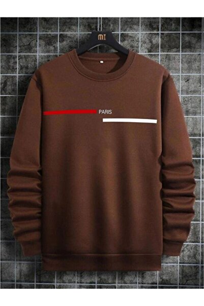 ORLONTEX Чоловічий коричневий світшот з принтом у вигляді паризької смужки з великою горловиною