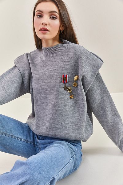 Bianco Lucci Damen-Pullover mit Brosche und Schulterdetails