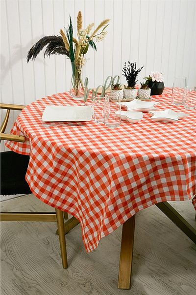 NT Handmade Fata de masa portocalie alb carouri 160x130 cm - fata de masa pentru bucatarie concept picnic camping