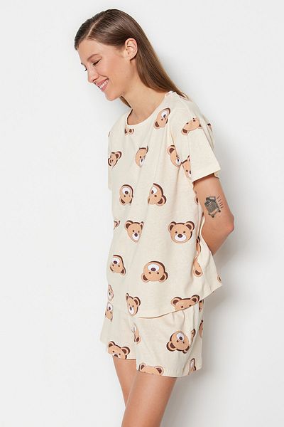 Trendyol Collection Pyjama-Set aus 100 % Baumwolle mit Ecru-Shorts – THMSS23PT00005