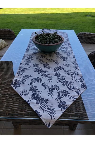 NT Handmade Navy Blue Floral White 150x48 Cm Tablecloth - Tablecloth for Kitchen Concept Picnic Camping