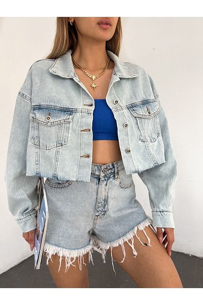 Fav Style Jachetă de blugi oversize crop albastră - buzunare duble cu nasturi fără sudură pentru femei