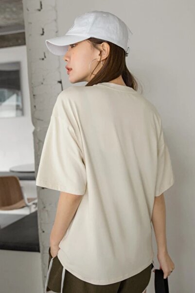 MODAGEN Women's Beige Oversize Fit Coffee Bean Printed T-Shirt