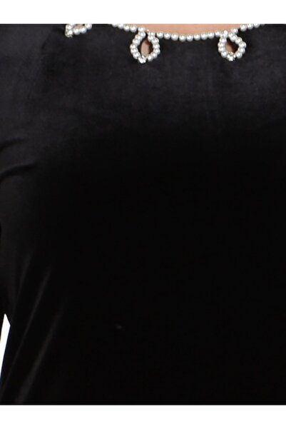 Nidya Moda Büyük Beden Siyah Inci Işli Kadife Abiye Elbise-4072s