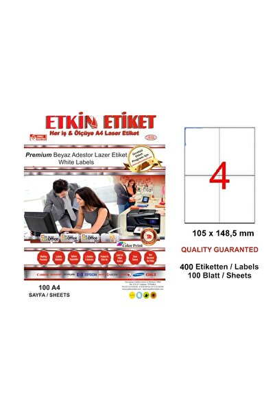 Yn5204 Laser Etiket 4 Lü 105x148,5 Beyaz Düz