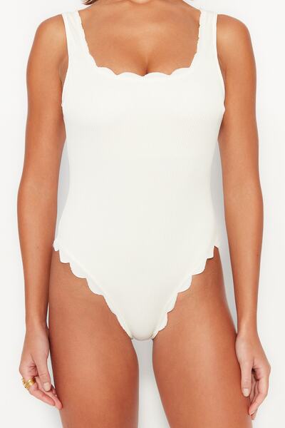 Trendyol Collection Ecru Square Collar Laser Cut Textured Regular Leg Swimsuit TBESS23MA00341