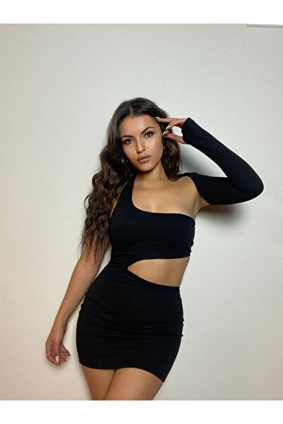 fabbwomen Siyah Tek Kol Dekolteli Mini Elbise