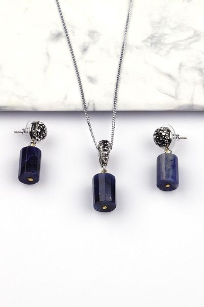 Alibaba Doğaltaş Sodalite Natural Stone Cylinder Cut Necklace - Earrings Set of 2