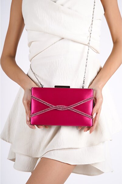 Moda Değirmeni Fuchsia Satin Women's Cross Stone Evening Dress Bag Bg1123-310-0002